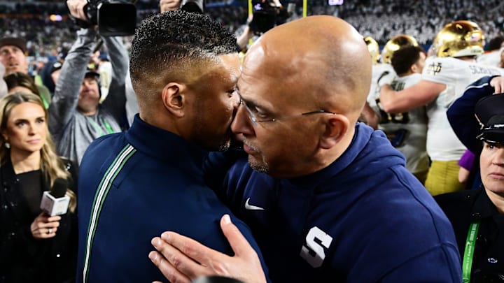Penn State football head coach James Franklin and Notre Dame head coach Marcus Freeman