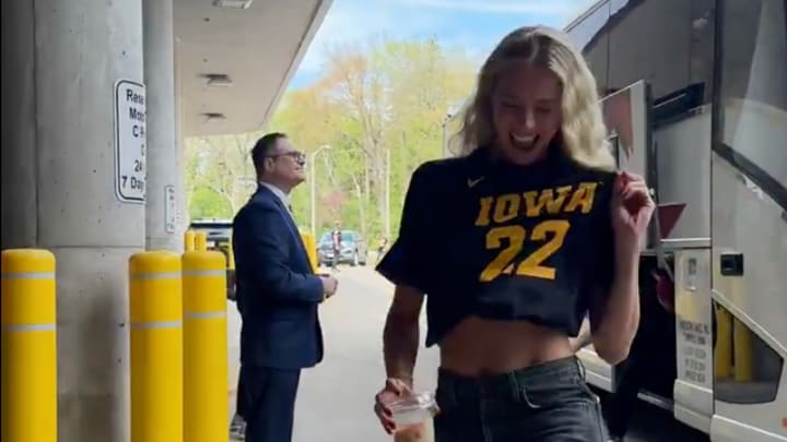 Indiana Fever player Lexie Hull rocks a Caitlin Clark Iowa shirt before a preseason exhibition game at Carver-Hawkeye Arena