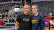 Martin and Clark pose for a photo ahead of the Las Vegas Aces' tilt against the Indiana Fever at Gainbridge Fieldhouse. 