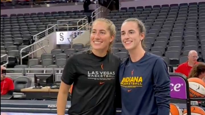 Martin and Clark pose for a photo ahead of the Las Vegas Aces' tilt against the Indiana Fever at Gainbridge Fieldhouse. 