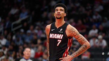 Mar 31, 2025; Washington, District of Columbia, USA; Miami Heat center Kel'el Ware (7) looks on during the second quarter against the Washington Wizards at Capital One Arena. Mandatory Credit: Reggie Hildred-Imagn Images