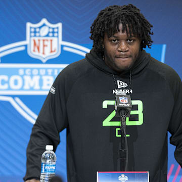 Mar 1, 2025; Indianapolis, IN, USA; University of Missouri offensive lineman Armand Membou (OL28) answers questions at a press conference during the 2025 NFL Combine at Indiana Convention Center. Mandatory Credit: Jacob Musselman-Imagn Images