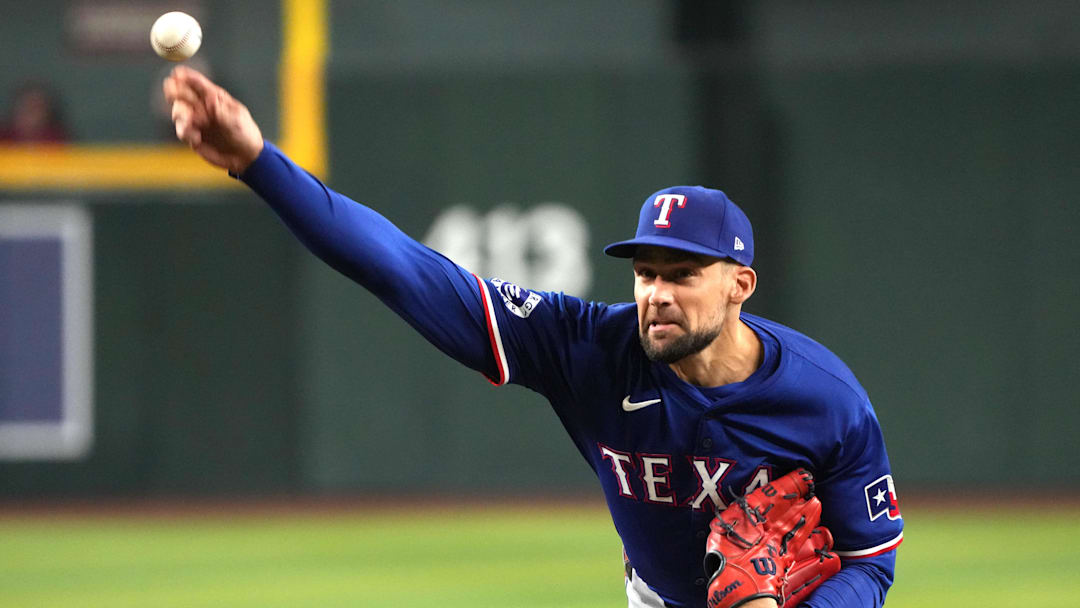 Sep 10, 2024; Phoenix, Arizona, USA; Texas Rangers pitcher Nathan Eovaldi (17) throws against the Arizona Diamondbacks in the first inning at Chase Field. 