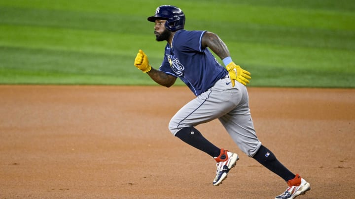 Tampa Bay Rays left fielder Randy Arozarena (56) in action during the game between the Texas Rangers and the Tampa Bay Rays at Globe Life Field in 2024.