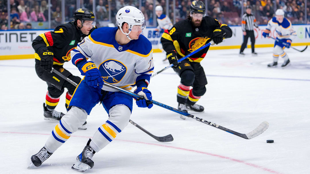 Jan 21, 2025; Vancouver, British Columbia, CAN; Buffalo Sabres forward JJ Peterka (77) skates against the Vancouver Canucks in the third period at Rogers Arena. Mandatory Credit: Bob Frid-Imagn Images