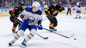Jan 21, 2025; Vancouver, British Columbia, CAN; Buffalo Sabres forward JJ Peterka (77) skates against the Vancouver Canucks in the third period at Rogers Arena. Mandatory Credit: Bob Frid-Imagn Images