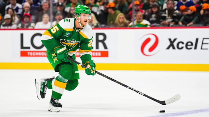 Nov 3, 2024; Saint Paul, Minnesota, USA; Minnesota Wild defenseman Jonas Brodin (25) during a game between the Minnesota Wild and Toronto Maple Leafs at Xcel Energy Center. Mandatory Credit: Brace Hemmelgarn-Imagn Images