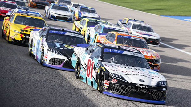 NASCAR Xfinity Series driver Chandler Smith (81) leads the pack during the NASCAR Xfinity Series Race at Kansas Speedway.