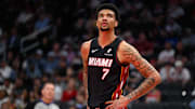 Mar 31, 2025; Washington, District of Columbia, USA; Miami Heat center Kel'el Ware (7) looks on during the second quarter against the Washington Wizards at Capital One Arena. Mandatory Credit: Reggie Hildred-Imagn Images