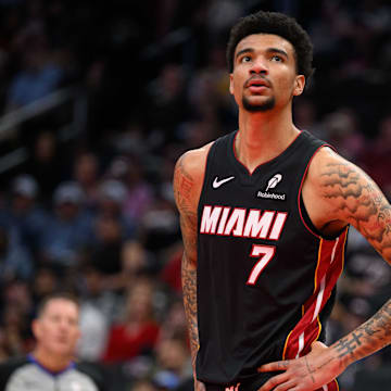 Mar 31, 2025; Washington, District of Columbia, USA; Miami Heat center Kel'el Ware (7) looks on during the second quarter against the Washington Wizards at Capital One Arena. Mandatory Credit: Reggie Hildred-Imagn Images