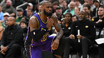  Los Angeles Lakers forward LeBron James (23) reacts after being fouled by Boston Celtics forward Jayson Tatum (not seen) during the fourth quarter at the TD Garden.