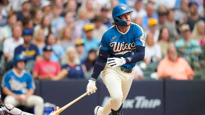 Aug 5, 2026; Milwaukee, Wisconsin, USA;  Milwaukee Brewers second baseman Brice Turang (2) hits an RBI double during the second inning against the Minnesota Twins at American Family Field. Mandatory Credit: Jeff Hanisch-Imagn Images