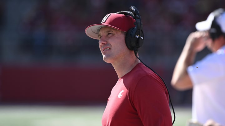 Sep 16, 2023; Pullman, Washington, USA; Washington State Cougars head coach Jake Dickert looks on against the Northern Colorado Bears in the first half at Gesa Field at Martin Stadium. Mandatory Credit: James Snook-USA TODAY Sports