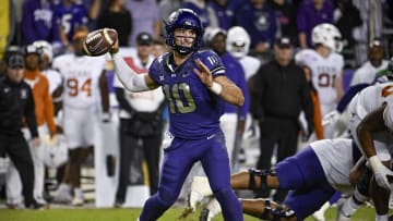 Nov 11, 2023; Fort Worth, Texas, USA; TCU Horned Frogs quarterback Josh Hoover (10) passes against the Texas Longhorns during the second half at Amon G. Carter Stadium. Mandatory Credit: Jerome Miron-USA TODAY Sports