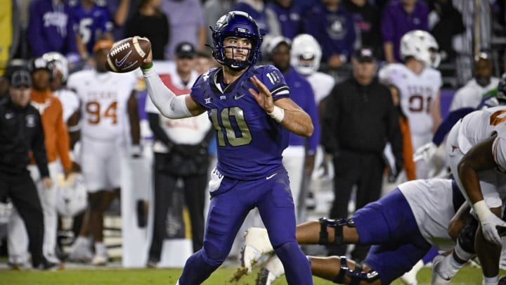 Nov 11, 2023; Fort Worth, Texas, USA; TCU Horned Frogs quarterback Josh Hoover (10) passes against the Texas Longhorns during the second half at Amon G. Carter Stadium. Mandatory Credit: Jerome Miron-USA TODAY Sports
