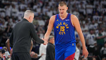 May 16, 2024; Minneapolis, Minnesota, USA; Denver Nuggets center Nikola Jokic (15) comes off the court against the Minnesota Timberwolves in the second quarter during game six of the second round for the 2024 NBA playoffs at Target Center. Mandatory Credit: Brad Rempel-USA TODAY Sports