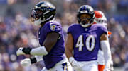 Sep 14, 2025; Baltimore, Maryland, USA; Baltimore Ravens linebacker Roquan Smith (0) celebrates after a play during the first quarter at M&T Bank Stadium. Mandatory Credit: Peter Casey-Imagn Images