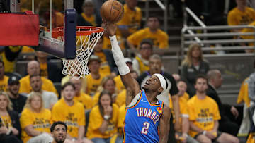 Jun 11, 2025; Indianapolis, Indiana, USA; Oklahoma City Thunder guard Shai Gilgeous-Alexander (2) shoots the ball against the Indiana Pacers during the first half during game three of the 2025 NBA Finals at Gainbridge Fieldhouse. Mandatory Credit: Kyle Terada-Imagn Images