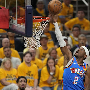 Jun 11, 2025; Indianapolis, Indiana, USA; Oklahoma City Thunder guard Shai Gilgeous-Alexander (2) shoots the ball against the Indiana Pacers during the first half during game three of the 2025 NBA Finals at Gainbridge Fieldhouse. Mandatory Credit: Kyle Terada-Imagn Images