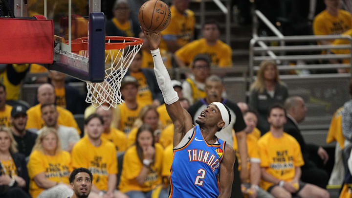Jun 11, 2025; Indianapolis, Indiana, USA; Oklahoma City Thunder guard Shai Gilgeous-Alexander (2) shoots the ball against the Indiana Pacers during the first half during game three of the 2025 NBA Finals at Gainbridge Fieldhouse. Mandatory Credit: Kyle Terada-Imagn Images