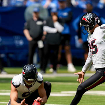 Sunday, Sept. 8, 2024, Houston Texans place kicker Ka'imi Fairbairn (15) kicks the ball during a game against the Houston Texans at Lucas Oil Stadium in Indianapolis.