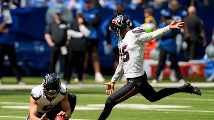 Sunday, Sept. 8, 2024, Houston Texans place kicker Ka'imi Fairbairn (15) kicks the ball during a game against the Houston Texans at Lucas Oil Stadium in Indianapolis.