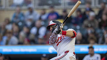 Minnesota Twins catcher Ryan Jeffers hits a single against the New York Mets in the second inning at Target Field in Minneapolis on April 15, 2025.