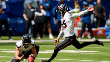 Sunday, Sept. 8, 2024, Houston Texans place kicker Ka'imi Fairbairn (15) kicks the ball during a game against the Houston Texans at Lucas Oil Stadium in Indianapolis.