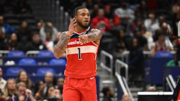 Oct 26, 2025; Washington, District of Columbia, USA; Washington Wizards forward Cam Whitmore (1) reacts after a play against the Charlotte Hornets during the first quarter at Capital One Arena. Mandatory Credit: Rafael Suanes-Imagn Images
