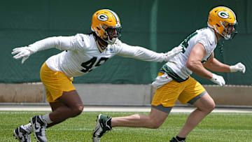 May 31, 2022; Green Bay, WI, USA; Green Bay Packers players Dominique Dafney (49) and Tyler Davis (84)  during organized team activities (OTA) Tuesday, May 31, 2022, in Green Bay, Wis.  Mandatory Credit: Mark Hoffman-Imagn Images