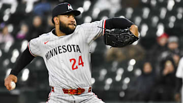 Apr 1, 2025; Chicago, Illinois, USA;  Minnesota Twins pitcher Simeon Woods Richardson (24) delivers against the Chicago White Sox during the first inning at Guaranteed Rate Field. Mandatory Credit: Matt Marton-Imagn Images