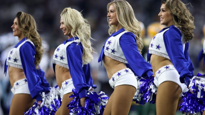 Jan 14, 2024; Arlington, Texas, USA; The Dallas Cowboys cheerleaders perform during the first half for the 2024 NFC wild card game against the Green Bay Packers at AT&T Stadium. 