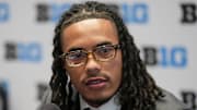 Jul 24, 2025; Las Vegas, NV, USA; USC wide receiver Makai Lemon speaks to the media during the Big Ten NCAA college football media days at Mandalay Bay Resort. Mandatory Credit: Lucas Peltier-Imagn Images