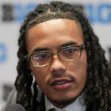 Jul 24, 2025; Las Vegas, NV, USA; USC wide receiver Makai Lemon speaks to the media during the Big Ten NCAA college football media days at Mandalay Bay Resort. Mandatory Credit: Lucas Peltier-Imagn Images