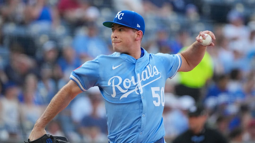 Jul 26, 2025; Kansas City, Missouri, USA; Kansas City Royals starting pitcher Kris Bubic (50) delivers a pitch against the Cleveland Guardians during the first inning at Kauffman Stadium. Mandatory Credit: Denny Medley-Imagn Images