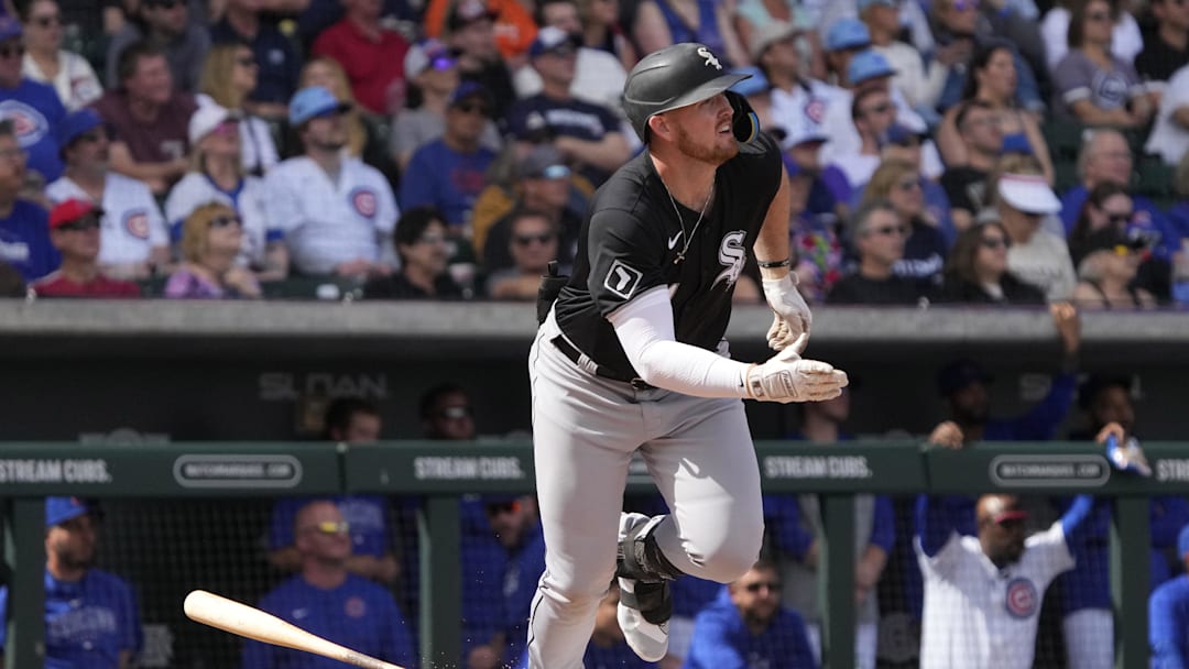 Chicago White Sox designated hitter Tim Elko (91) hits a solo home run against the Chicago Cubs in the second inning at Sloan Park. Mandatory Credit: Rick Scuteri-Imagn Images