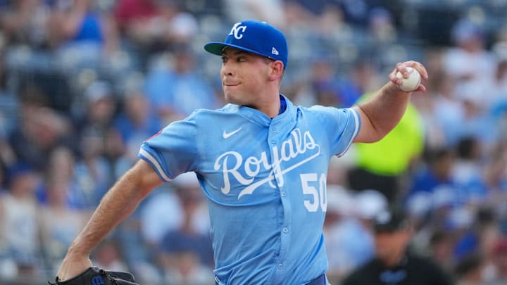 Jul 26, 2025; Kansas City, Missouri, USA; Kansas City Royals starting pitcher Kris Bubic (50) delivers a pitch against the Cleveland Guardians during the first inning at Kauffman Stadium. Mandatory Credit: Denny Medley-Imagn Images