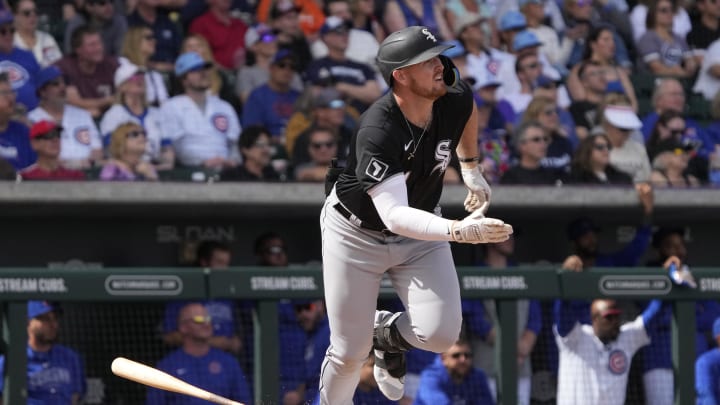 Feb 23, 2024; Mesa, Arizona, USA; Chicago White Sox designated hitter Tim Elko (91) hits a solo home run against the Chicago Cubs in the second inning at Sloan Park. Mandatory Credit: Rick Scuteri-USA TODAY Sports