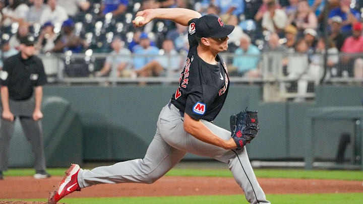 Sep 4, 2024; Kansas City, Missouri, USA; Cleveland Guardians pitcher Erik Sabrowski (62) delivers a pitch against the Kansas City Royals in the eighth inning at Kauffman Stadium. Mandatory Credit: Denny Medley-Imagn Images