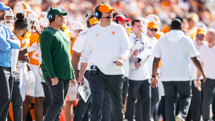 Jan 1, 2024; Orlando, FL, USA; Tennessee Volunteers head coach Josh Heupel walks the sideline against the Iowa Hawkeyes in the second quarter at Camping World Stadium. Mandatory Credit: Jeremy Reper-USA TODAY Sports