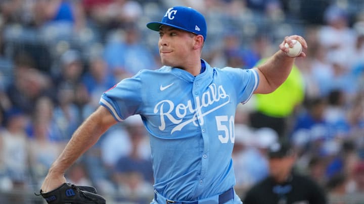 Jul 26, 2025; Kansas City, Missouri, USA; Kansas City Royals starting pitcher Kris Bubic (50) delivers a pitch against the Cleveland Guardians during the first inning at Kauffman Stadium. Mandatory Credit: Denny Medley-Imagn Images
