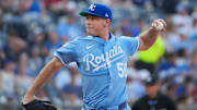 Jul 26, 2025; Kansas City, Missouri, USA; Kansas City Royals starting pitcher Kris Bubic (50) delivers a pitch against the Cleveland Guardians during the first inning at Kauffman Stadium. Mandatory Credit: Denny Medley-Imagn Images