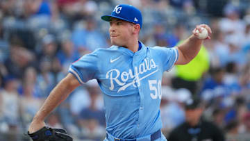 Jul 26, 2025; Kansas City, Missouri, USA; Kansas City Royals starting pitcher Kris Bubic (50) delivers a pitch against the Cleveland Guardians during the first inning at Kauffman Stadium. Mandatory Credit: Denny Medley-Imagn Images