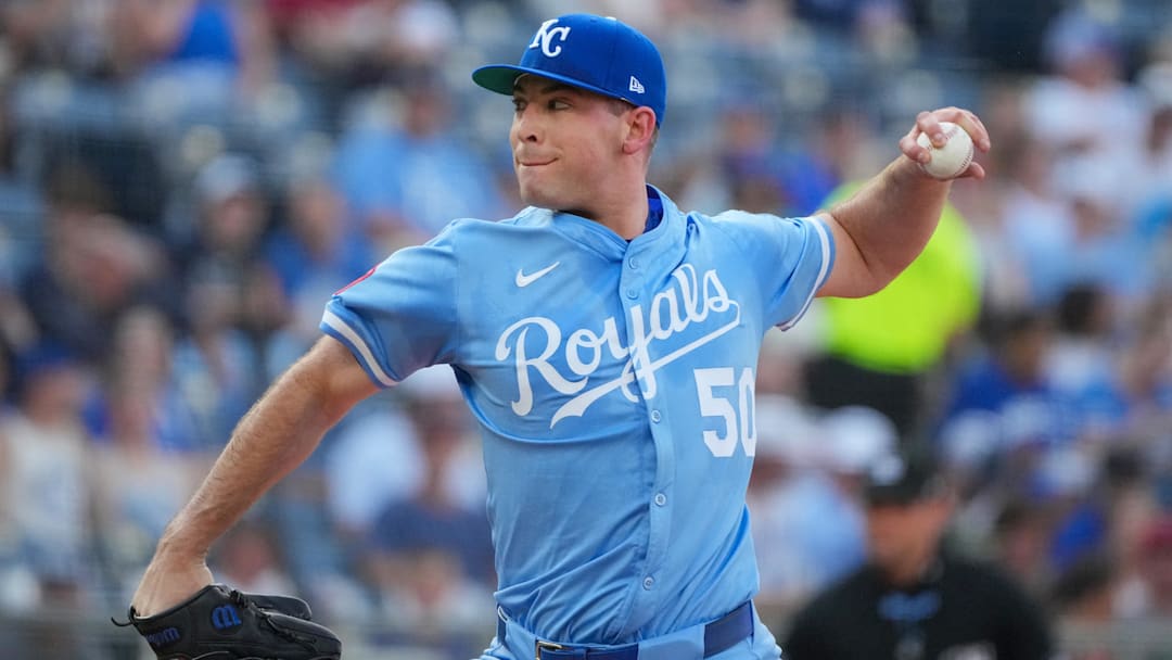 Jul 26, 2025; Kansas City, Missouri, USA; Kansas City Royals starting pitcher Kris Bubic (50) delivers a pitch against the Cleveland Guardians during the first inning at Kauffman Stadium. Mandatory Credit: Denny Medley-Imagn Images Jul 26, 2025; Kansas City, Missouri, USA; Kansas City Royals starting pitcher Kris Bubic (50) delivers a pitch against the Cleveland Guardians during the first inning at Kauffman Stadium. Mandatory Credit: Denny Medley-Imagn Images