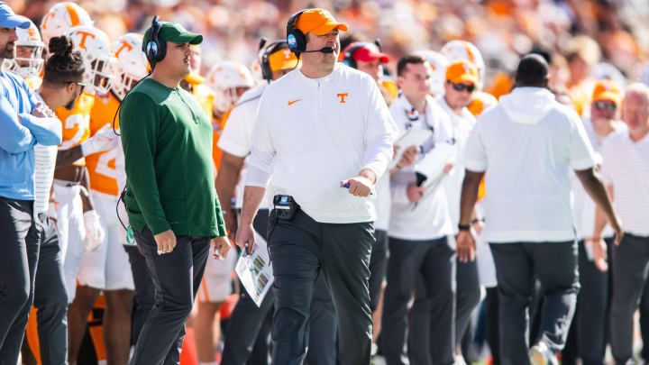 Jan 1, 2024; Orlando, FL, USA; Tennessee Volunteers head coach Josh Heupel walks the sideline against the Iowa Hawkeyes in the second quarter at Camping World Stadium. Mandatory Credit: Jeremy Reper-USA TODAY Sports