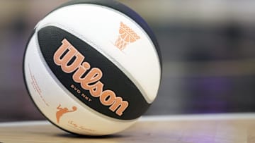 Jun 1, 2025; San Francisco, California, USA; The game ball with the WNBA commissioner's cup logo sits on the court during the second quarter of the game between the Golden State Valkyries and the Minnesota Lynx at Chase Center.