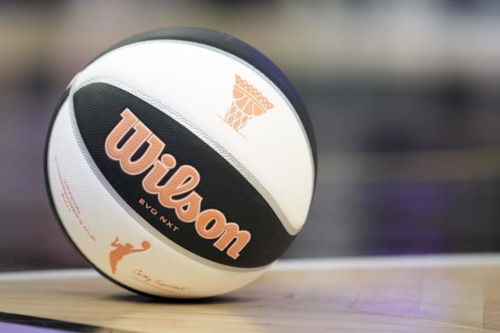 WNBA Commissioner's Cup game ball sits on the court during a game between the Golden State Valkyries and Minnesota Lynx.