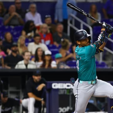 Seattle Mariners center fielder Julio Rodriguez (44) hits an RBI single against the Miami Marlins last week. 