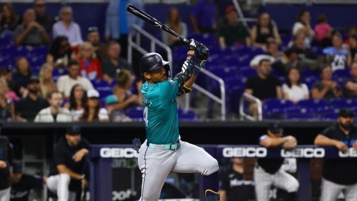 Seattle Mariners center fielder Julio Rodriguez (44) hits an RBI single against the Miami Marlins during the first inning at loanDepot Park on June 21.