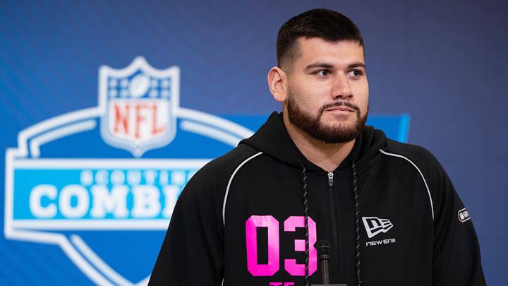 Feb 26, 2026; Indianapolis, IN, USA; Alabama tight end Joshua Cuevas (TE03) speaks to members of the media during the NFL Combine at the Indiana Convention Center. Mandatory Credit: Jacob Musselman-Imagn Images